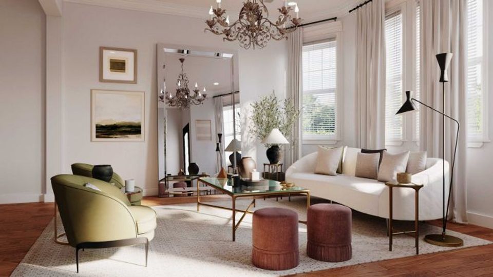 Elegant traditional living room blending soft neutrals with warm burgundy accents, mid-century modern seating, and ornate mirror