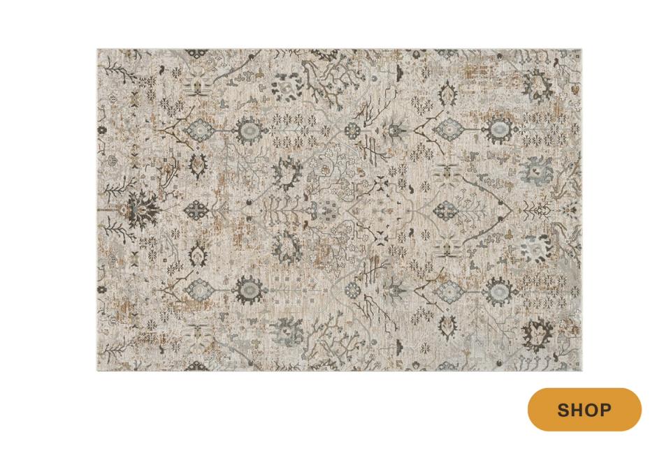 Vintage-inspired neutral area rug with muted floral scattered pattern and aged finish