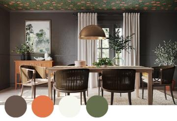 Sophisticated dining space with charcoal walls, warm wood tones, burnt orange accents, and natural light evoking a warm, earthy elegance.
