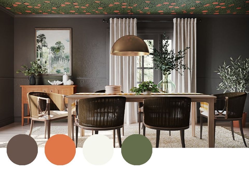 Sophisticated dining space with charcoal walls, warm wood tones, burnt orange accents, and natural light evoking a warm, earthy elegance.