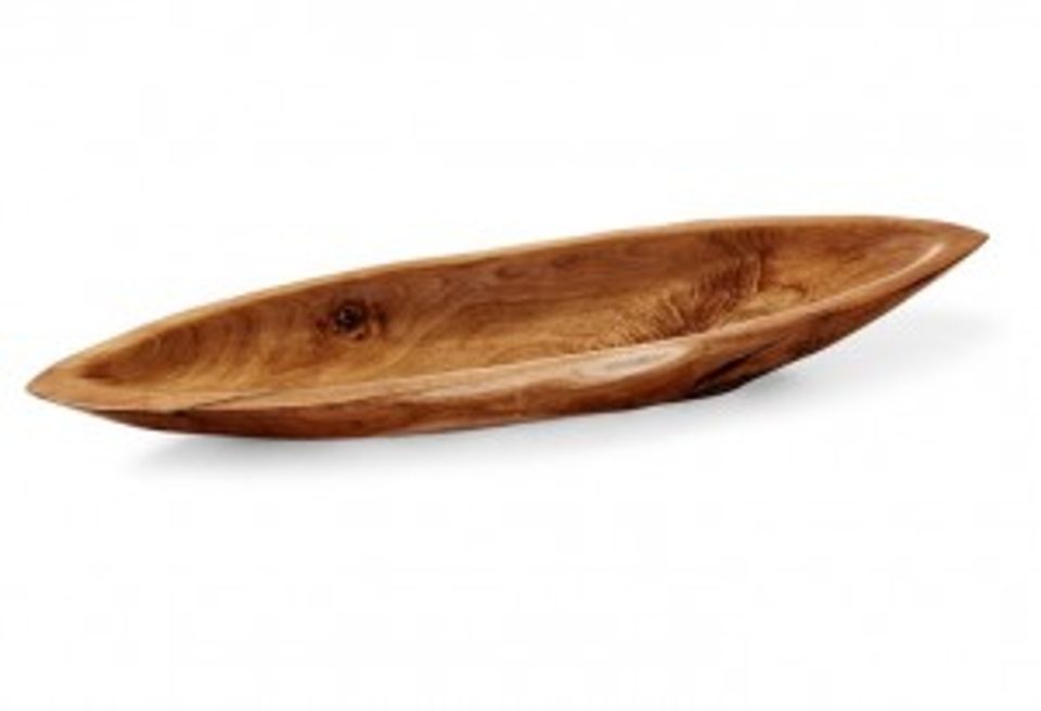 Warm natural wood bowl with sculptural curved silhouette and organic finish