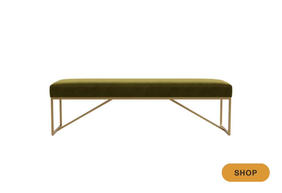 Modern olive green bench with geometric brass frame, minimalist mid-century aesthetic