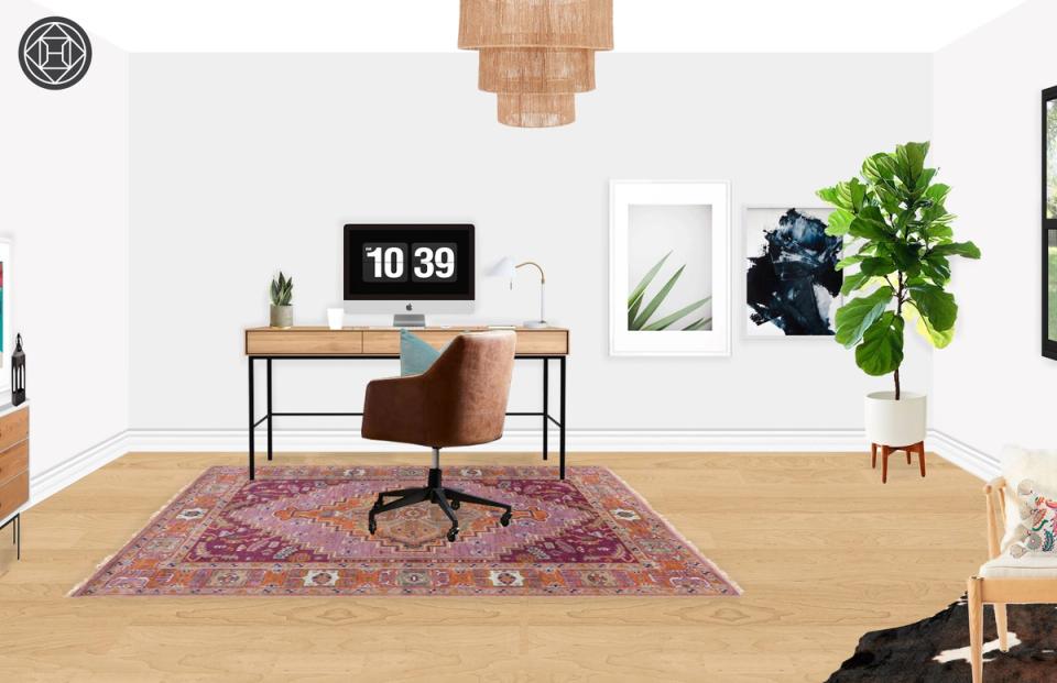 Mid-century modern home office with warm wood desk, burgundy area rug, and natural plant accents on white walls
