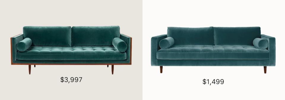 Jewel-tone teal velvet sofas with mid-century modern legs in designer and budget styles