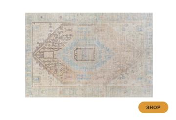 Vintage-style distressed rug in soft blush, blue, and cream with faded medallion motif