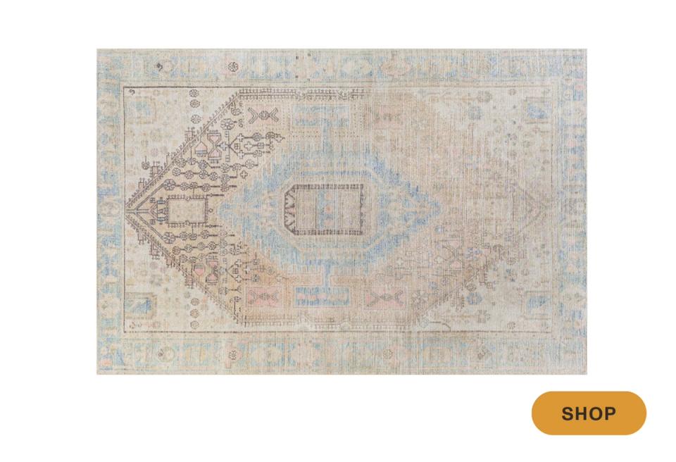 Vintage-style distressed rug in soft blush, blue, and cream with faded medallion motif