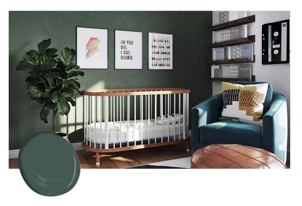 Modern nursery with deep forest green walls, natural wood crib, teal accent chair, and minimalist botanical styling for calming sophistication
