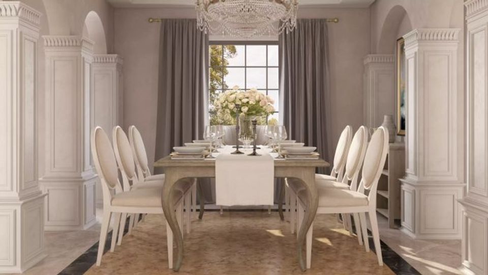 Classic formal dining room: cream paneling, soft gray curtains, and timeless elegance
