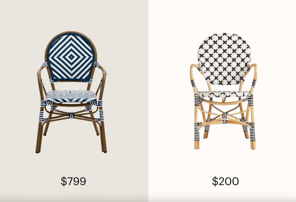 Bohemian rattan chairs featuring geometric patterned cushions in navy and cream
