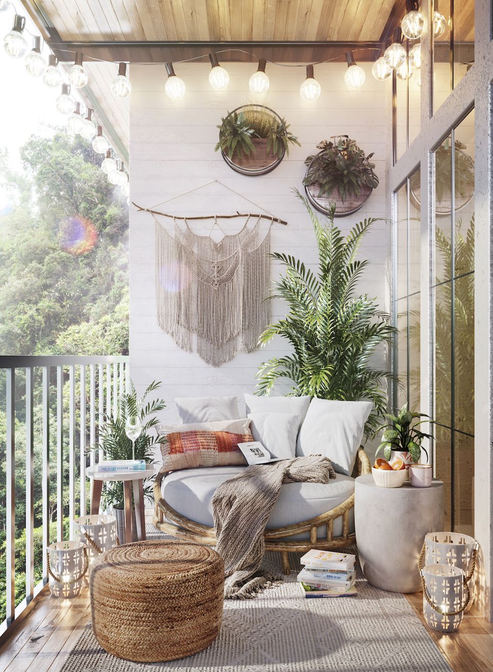 Airy coastal reading porch with macramé, hanging plants, and relaxed bohemian atmosphere