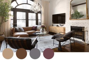 Contemporary living room blending rich chocolate leather with warm taupe and burgundy accents, sophisticated elegance