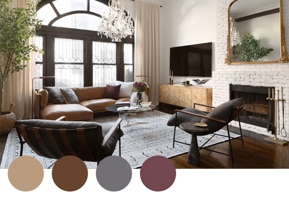 Contemporary living room blending rich chocolate leather with warm taupe and burgundy accents, sophisticated elegance
