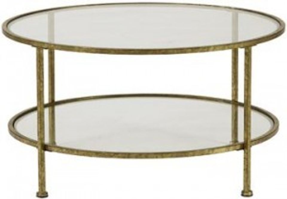 Round brass and glass two-tier coffee table with minimalist modern design