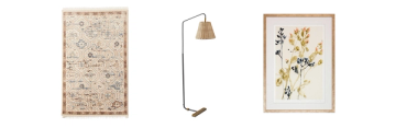 Coastal design accessories: woven wall art, brass task lamp, and botanical print in natural wood frame