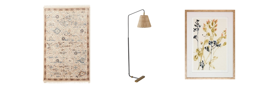 Coastal design accessories: woven wall art, brass task lamp, and botanical print in natural wood frame