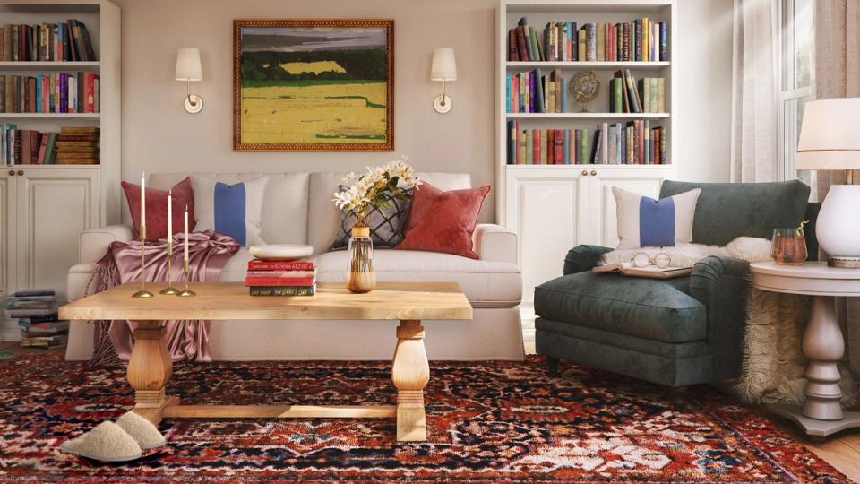 Eclectic multi-colored reading space with patterned rug, layered pillows, and warm tones