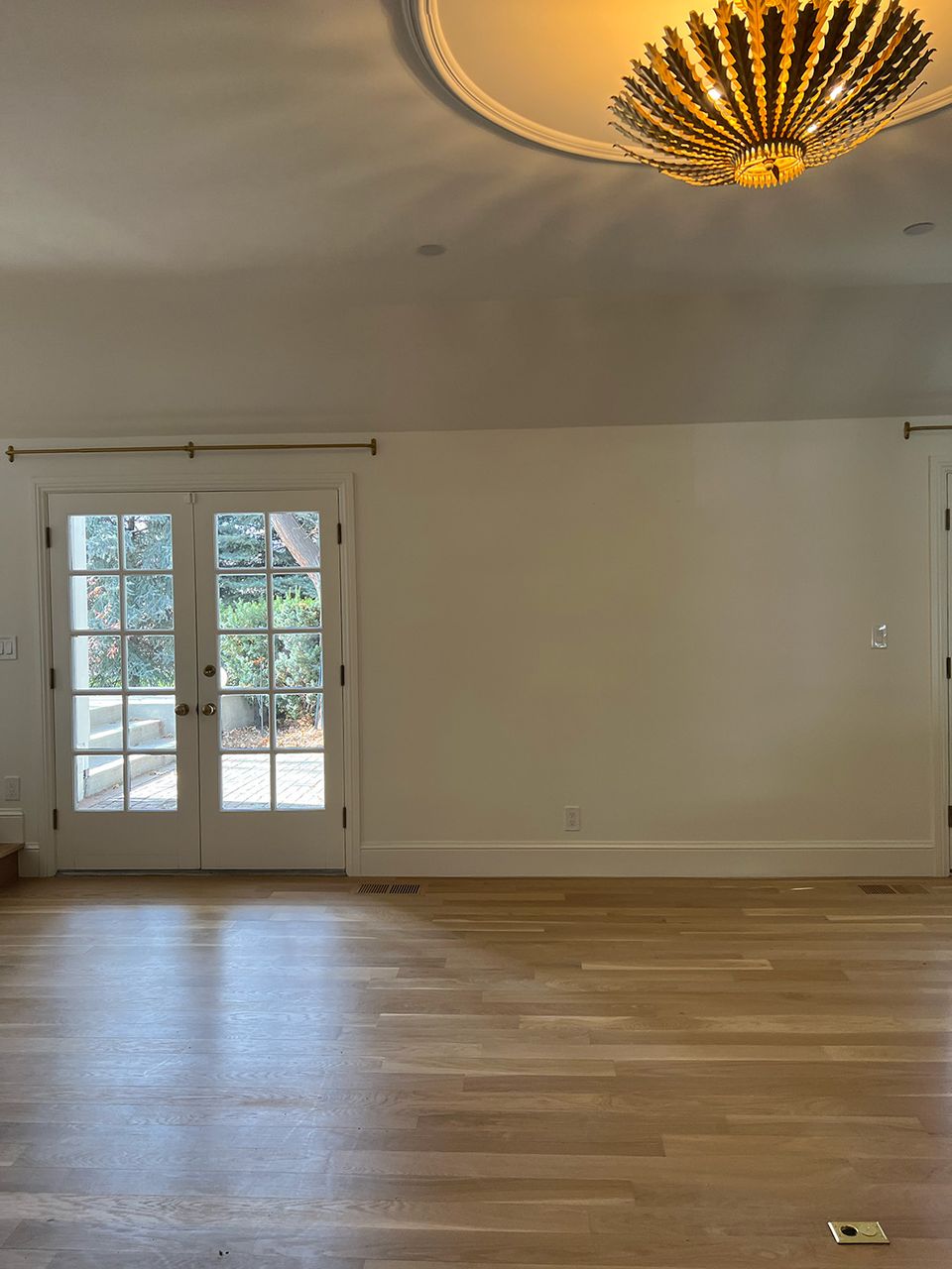 Serene minimalist space with pale walls, brass ceiling fixture, and clean lined French doors