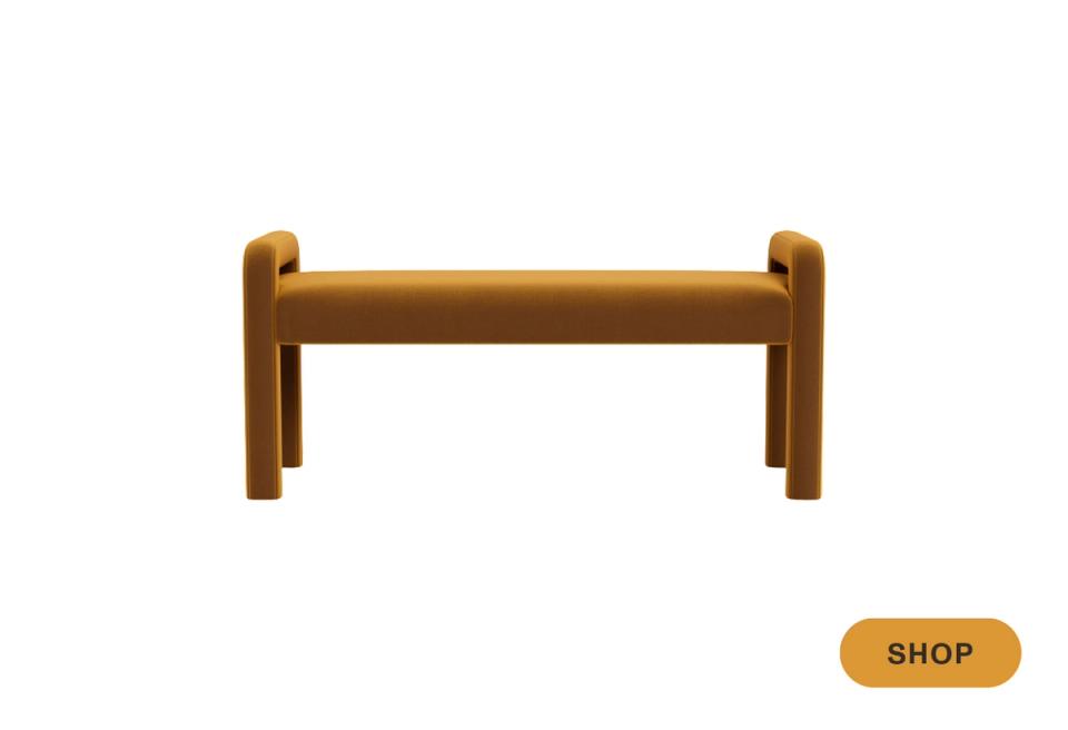 Warm wood mid-century bench with rounded post details and minimalist silhouette