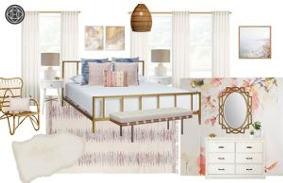 Bohemian bedroom mood board with brass bed, floral accents, and warm neutral palette