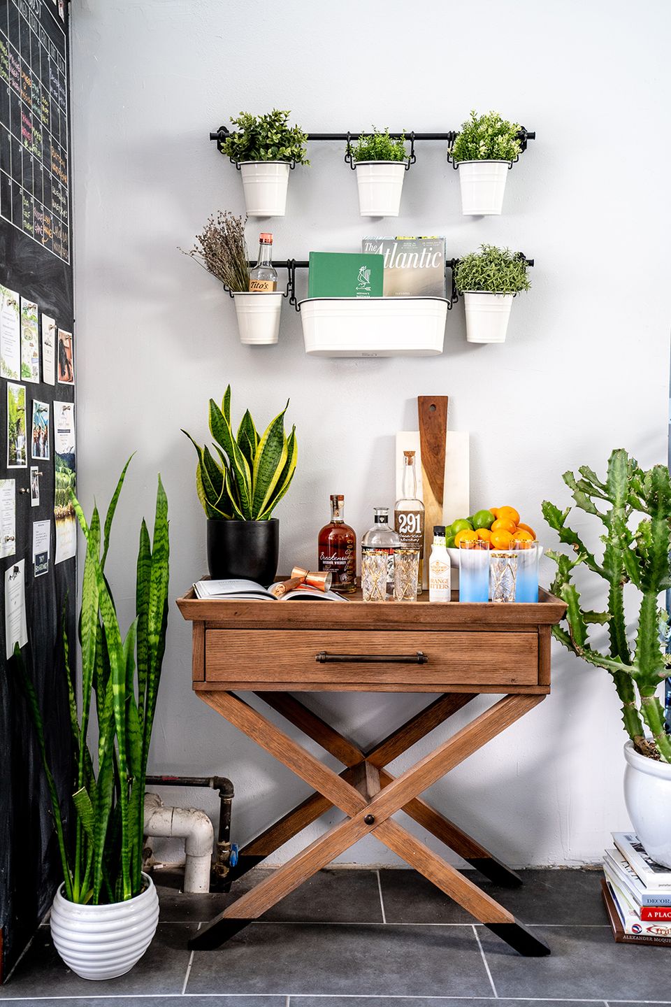 Eclectic wall display combining hanging plants, wooden console, and botanical styling