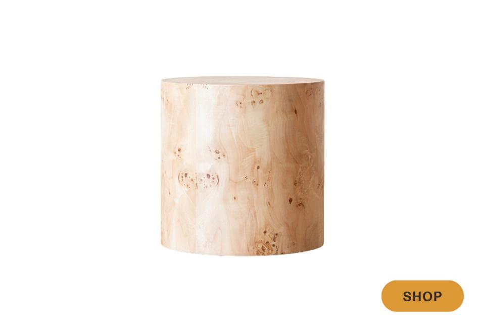 Cylindrical side table in light burled wood with organic speckled pattern