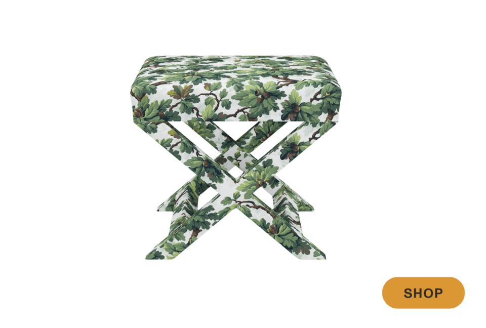 Botanical X-frame bench with green and white floral upholstery, eclectic bohemian style