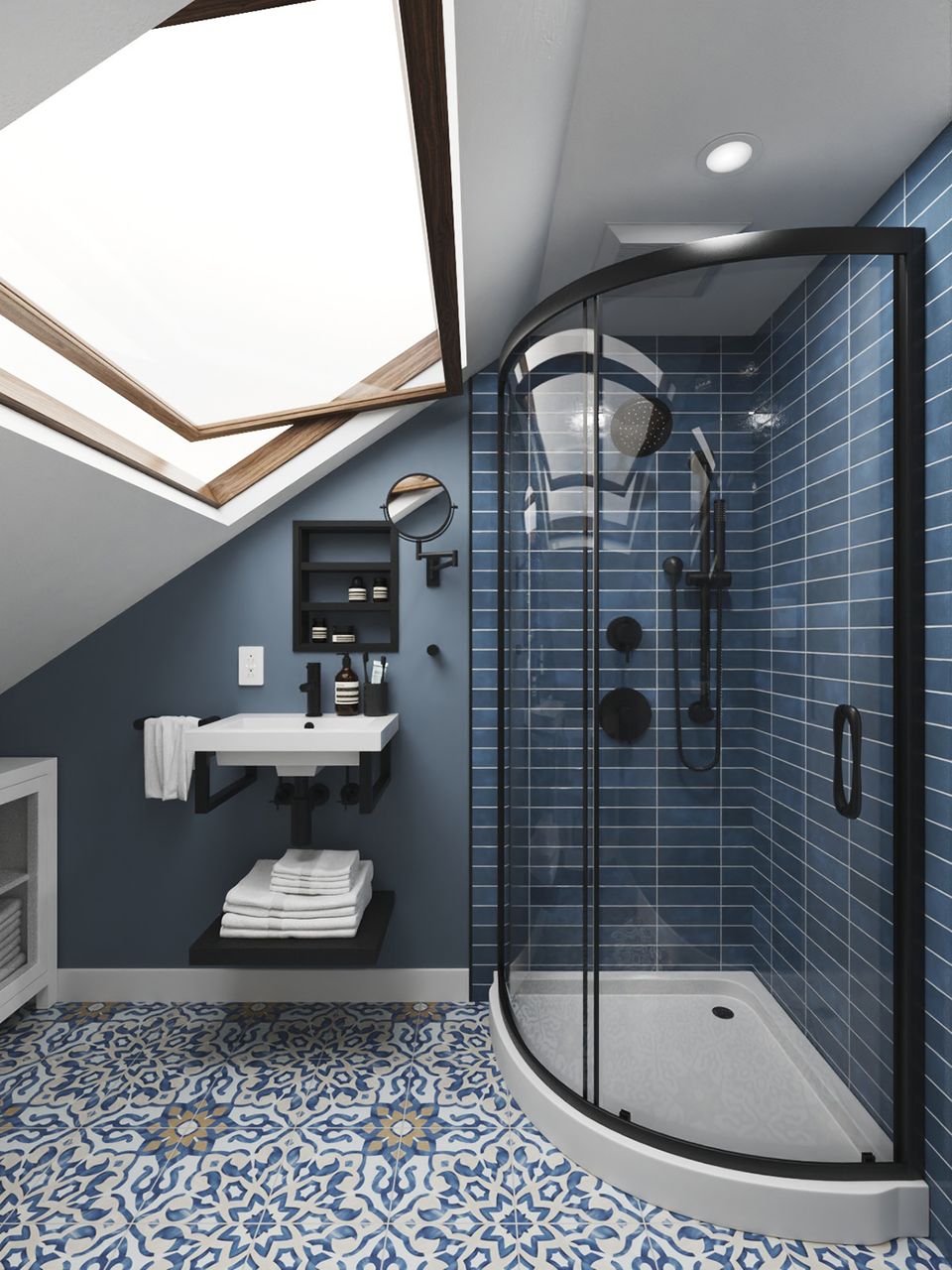 Contemporary attic bathroom with navy tile, patterned floor, skylight, and minimalist vanity
