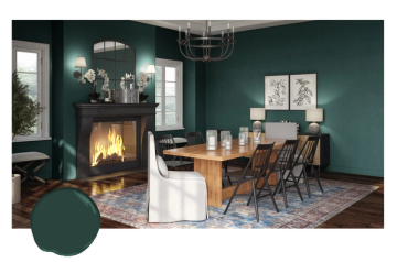 Rich forest green dining room with fireplace accent, warm wood table, moody sophistication, and intimate dinner-party atmosphere