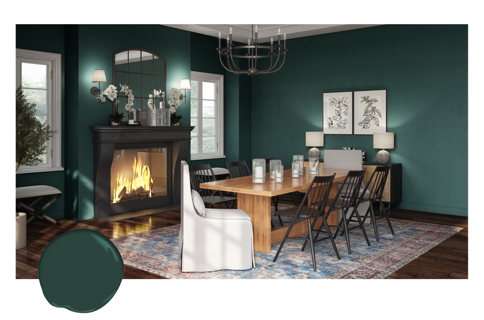 Rich forest green dining room with fireplace accent, warm wood table, moody sophistication, and intimate dinner-party atmosphere