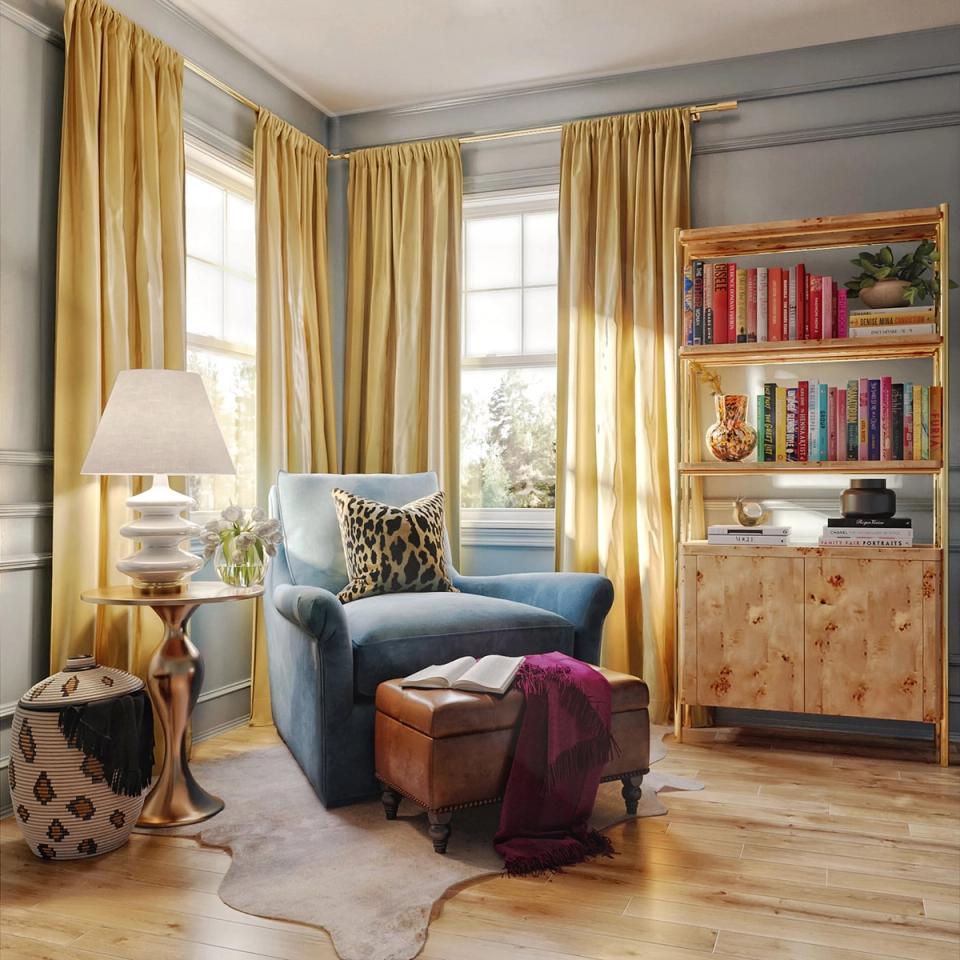 Sophisticated reading room with golden curtains, slate blue seating, warm wood tones, and curated bookshelves.