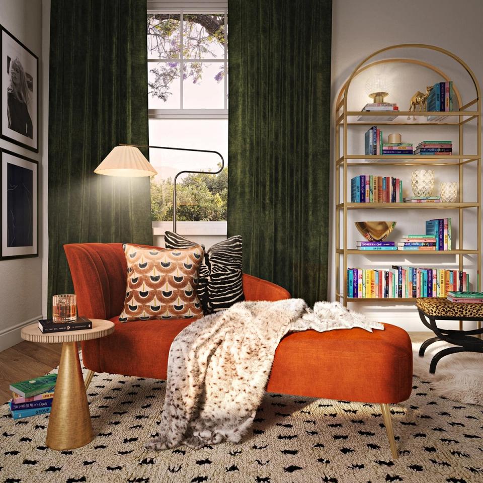 Bold mid-century reading nook with burnt orange chair, green curtains, and geometric patterns
