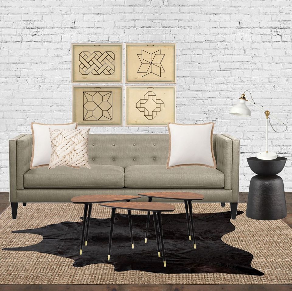 Mid-century modern living room: sage sofa, geometric wood art, natural jute rug, black side table