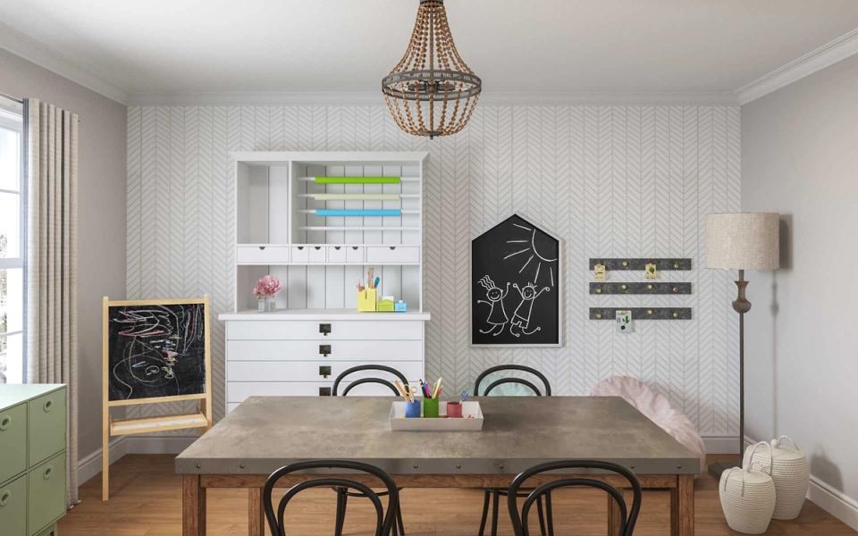 Modern classroom aesthetic with whitewashed walls, black chalkboards, and organized open shelving system.