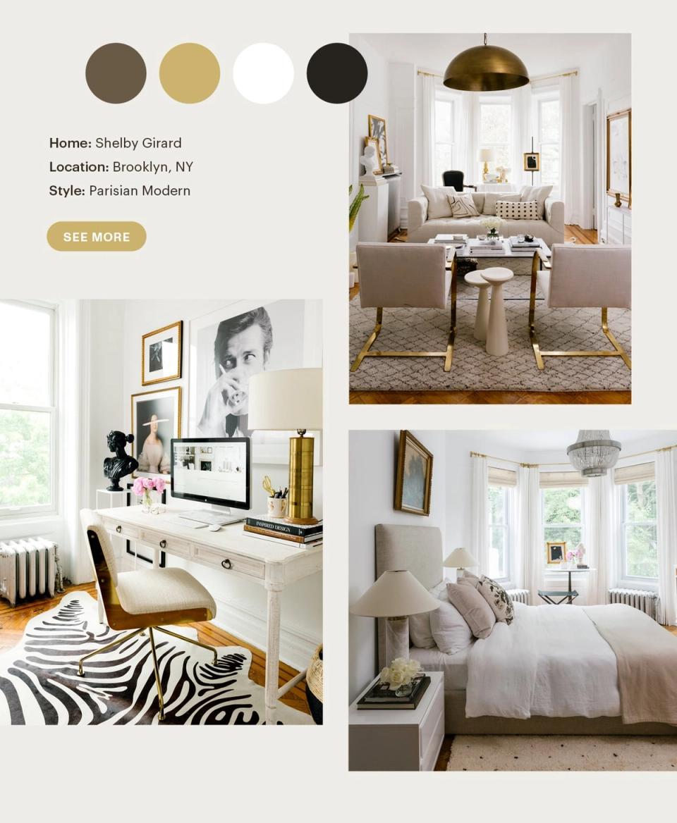 Sophisticated Parisian Modern interiors featuring muted earth tones, brass accents, and elegant minimalist color harmony
