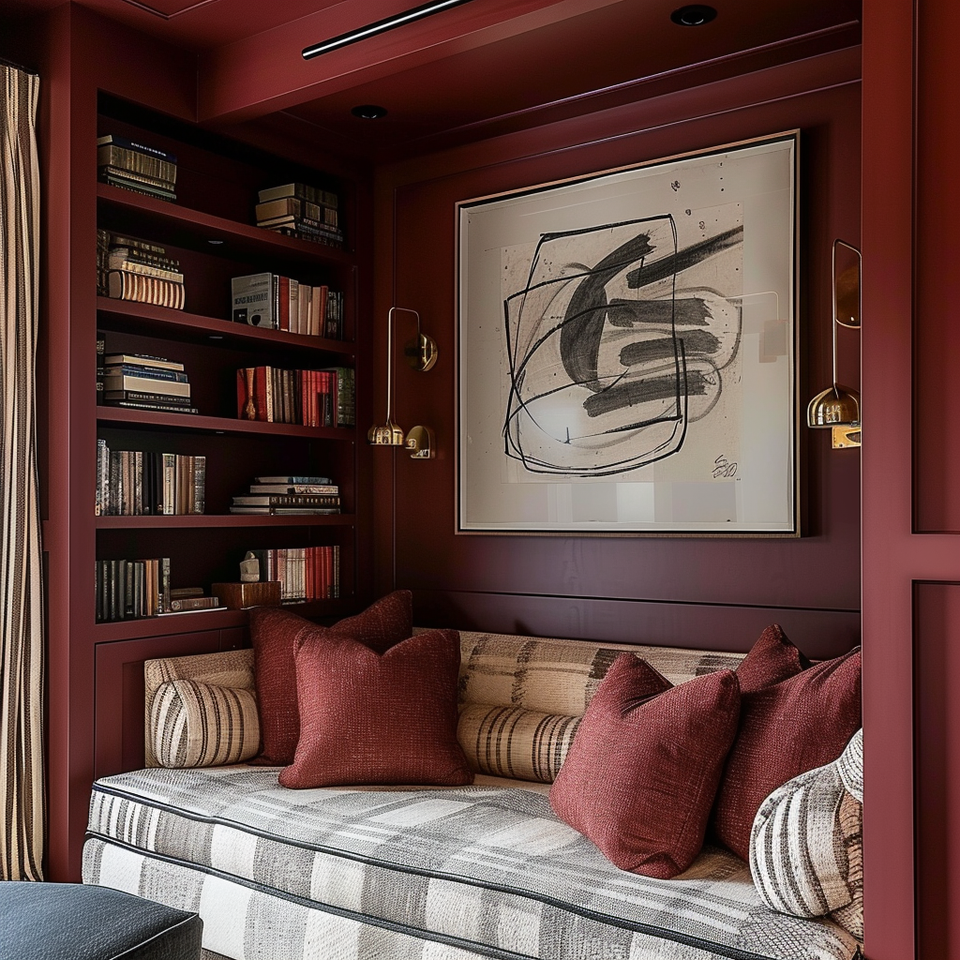 Rich burgundy reading nook with wine-toned walls, built-in shelves, and cushioned bench