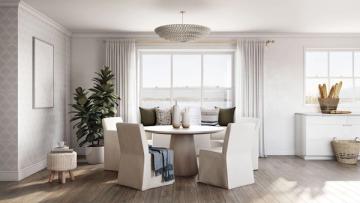 Modern coastal dining space with soft gray tones, natural light, woven accents, and minimalist aesthetic