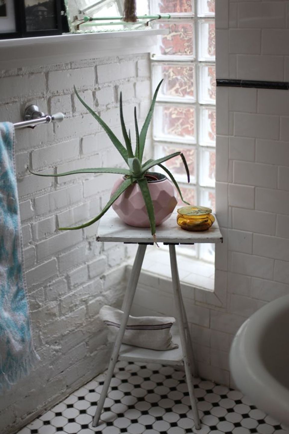 Minimalist bathroom with spider plant in mauve pot on metal plant stand by window