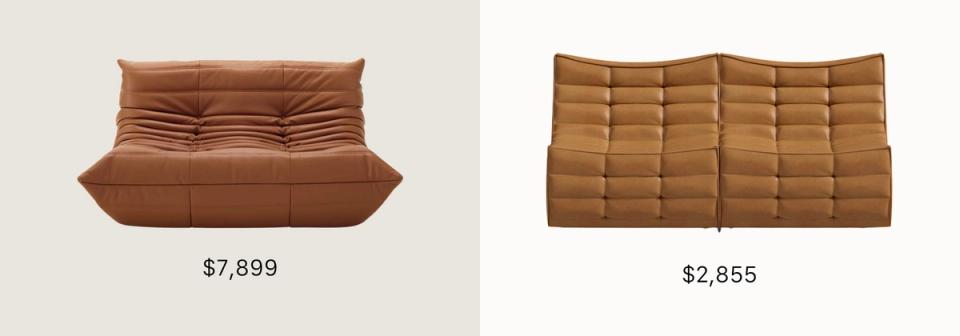 Two cognac leather sculptural lounge chairs displaying modern minimalist seating design with quilted details