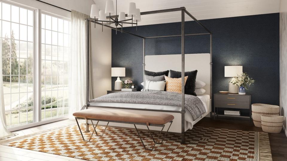 Modern bedroom with dark accent wall, canopy bed, and geometric checkerboard floor pattern in warm tones