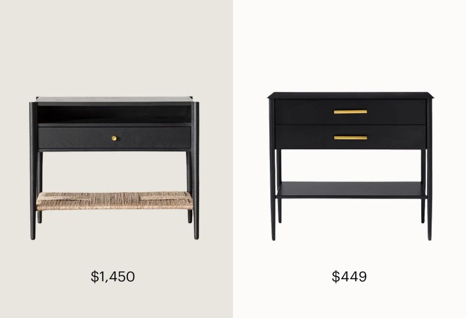 Modern minimalist nightstands in sleek black with brass accents and open shelf design