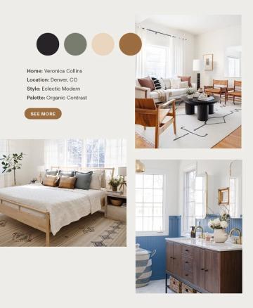 Eclectic modern contrast palette mixing charcoal, soft blush, and warm wood tones in naturally lit, layered interiors