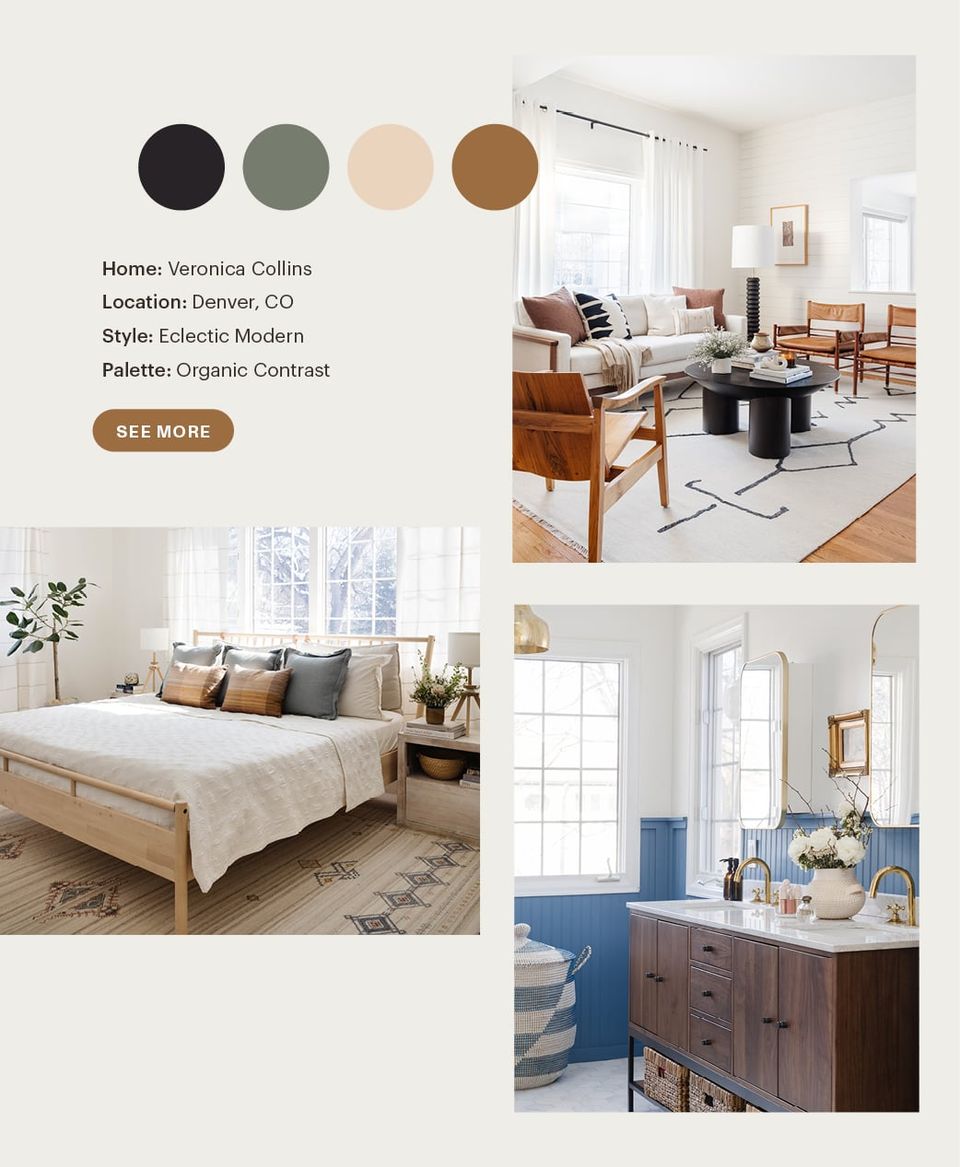 Eclectic modern contrast palette mixing charcoal, soft blush, and warm wood tones in naturally lit, layered interiors