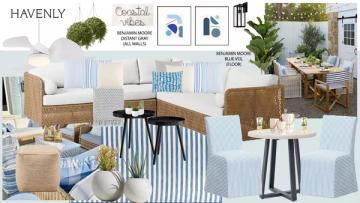 Design mood board featuring coastal aesthetic with blue accents, natural textures, and light-filled seating area