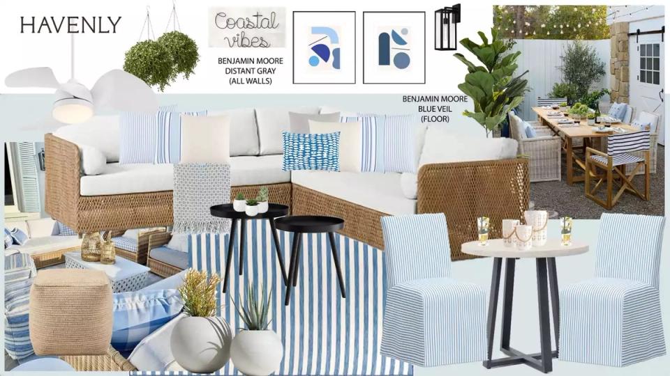 Design mood board featuring coastal aesthetic with blue accents, natural textures, and light-filled seating area