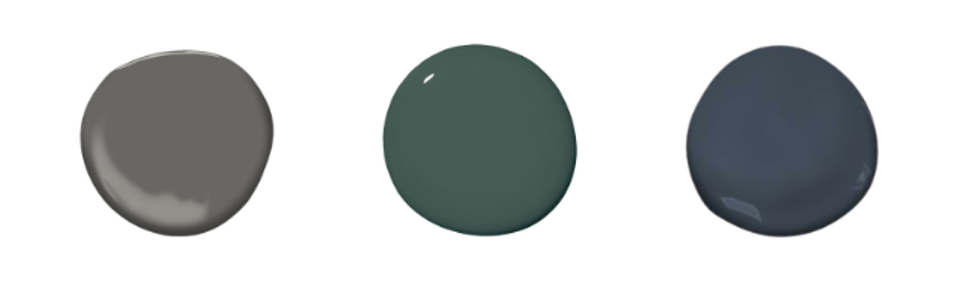 Color palette swatches in muted tones: warm gray, forest green, and deep navy blue