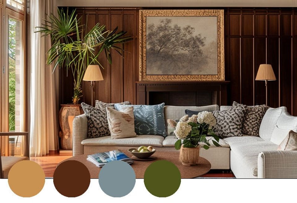 Traditional living room blending rich wood paneling with layered earth tones: sage, cognac, and cream upholstery
