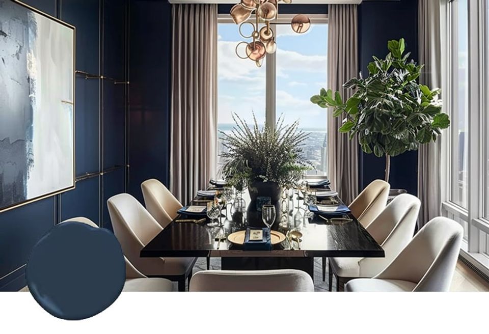 Sophisticated navy dining room with floor-to-ceiling windows, neutral upholstered chairs, and tropical greenery creating an elegant, light-filled retreat