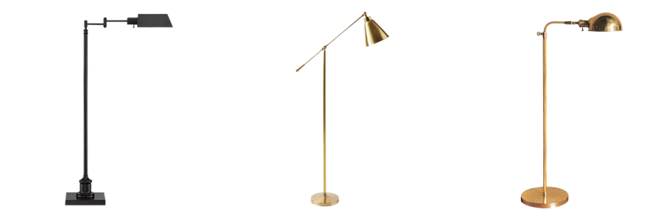 Three contemporary arc floor lamps in matte black, brushed brass, and warm gold finishes