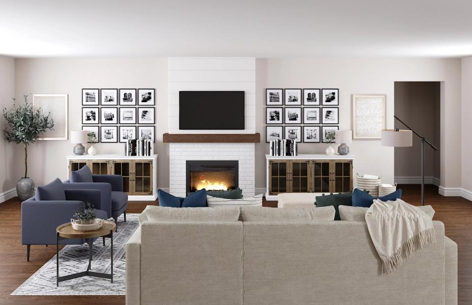 Bright farmhouse living room with neutral tones, fireplace focal point, symmetrical gallery walls, and cozy textured furnishings