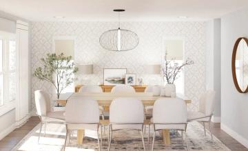 Scandinavian dining room with geometric wallpaper, natural wood table, cream chairs, and minimalist pendant light